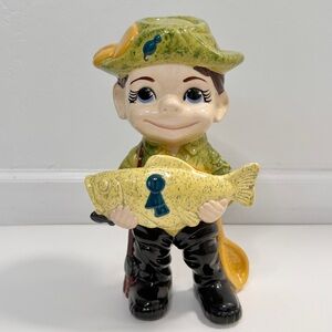 ATLANTIC MOLDS 1972 Vintage Ceramic Smiley Boy Fisherman Figurine